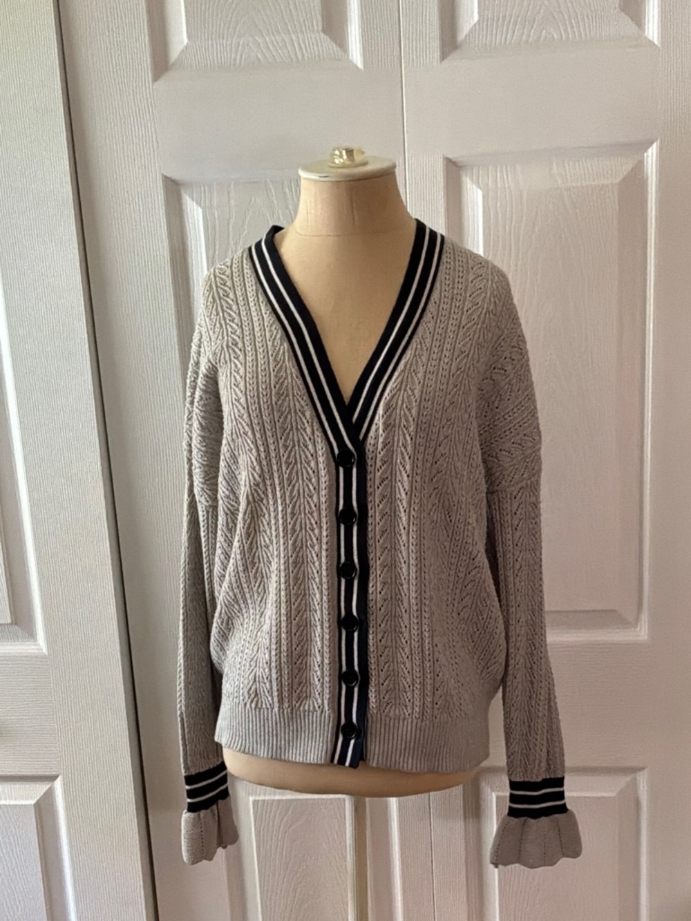 Minnie Rose Light Gray Cable Knit Cardigan with Black-Trim